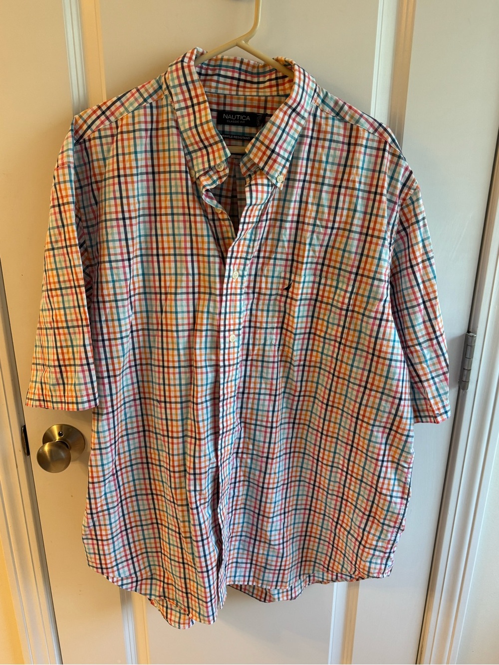 Nautica Men’s Short-Sleeve Plaid Button-Down Shirt in White, Blue, Red, Orange